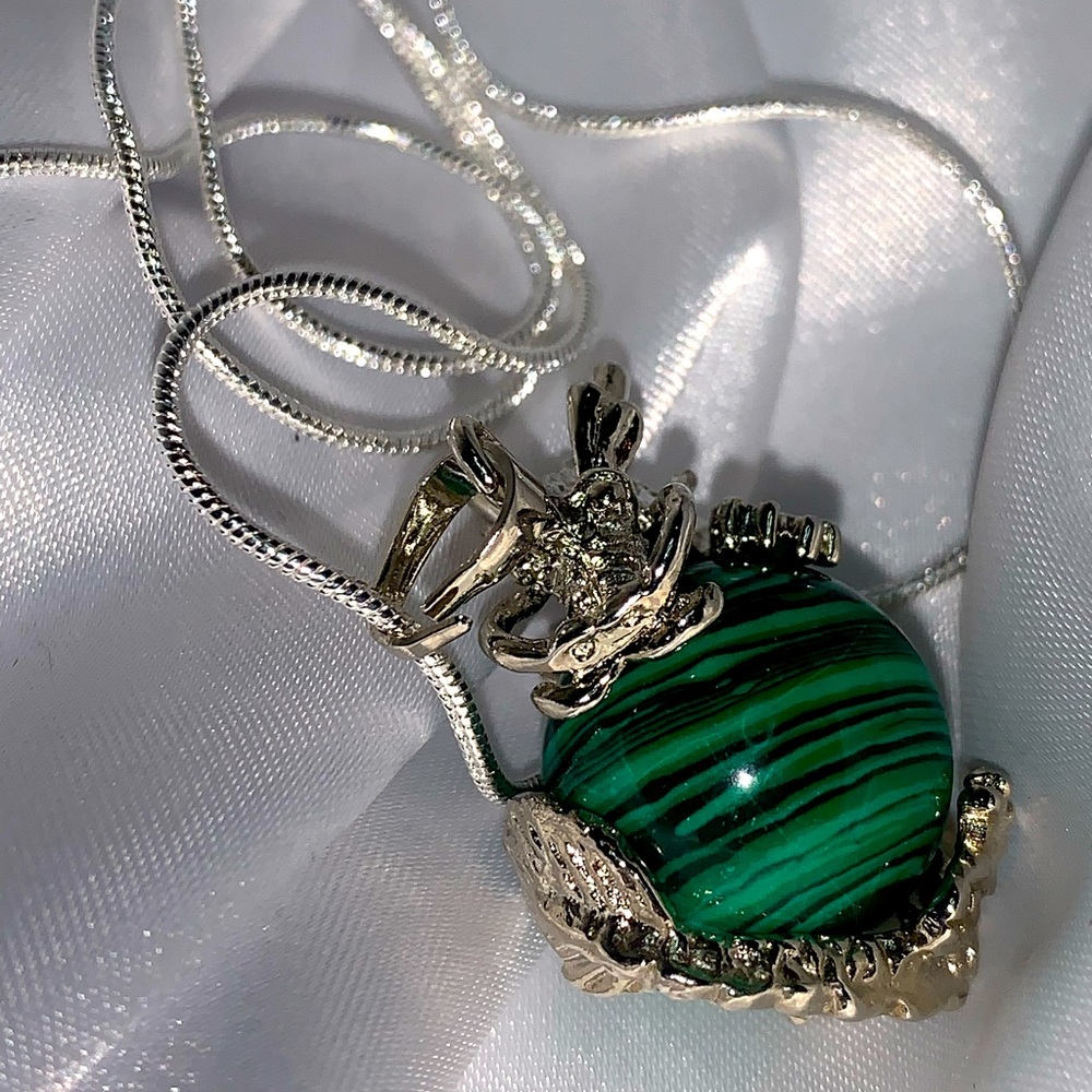 Malachite and Silver dragon ball necklace.